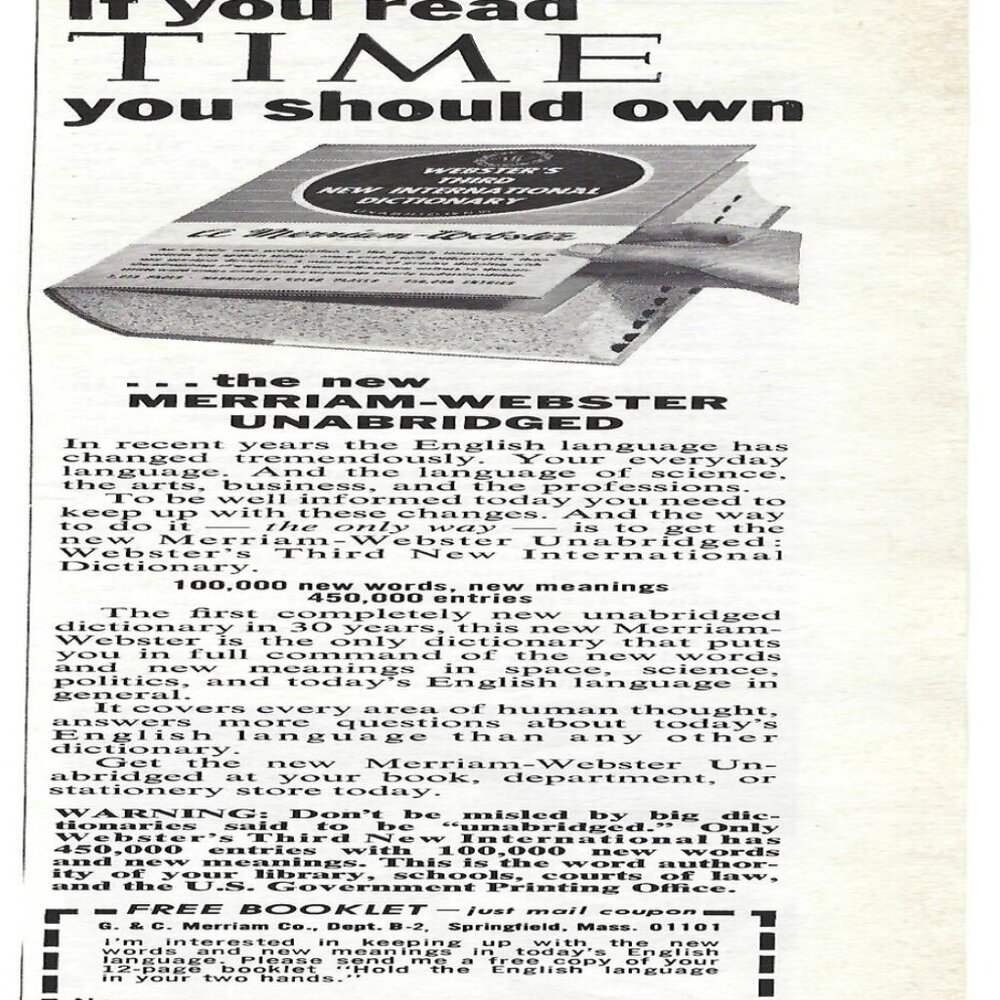 1967 Merriam-Webster Unabridged Webster’s Dictionary Vintage Magazine Print Ad